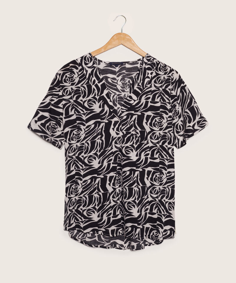Blusa Estampada Manga Corta Cuello Smoking Corto, Cola De Pato Con Silueta Fluida