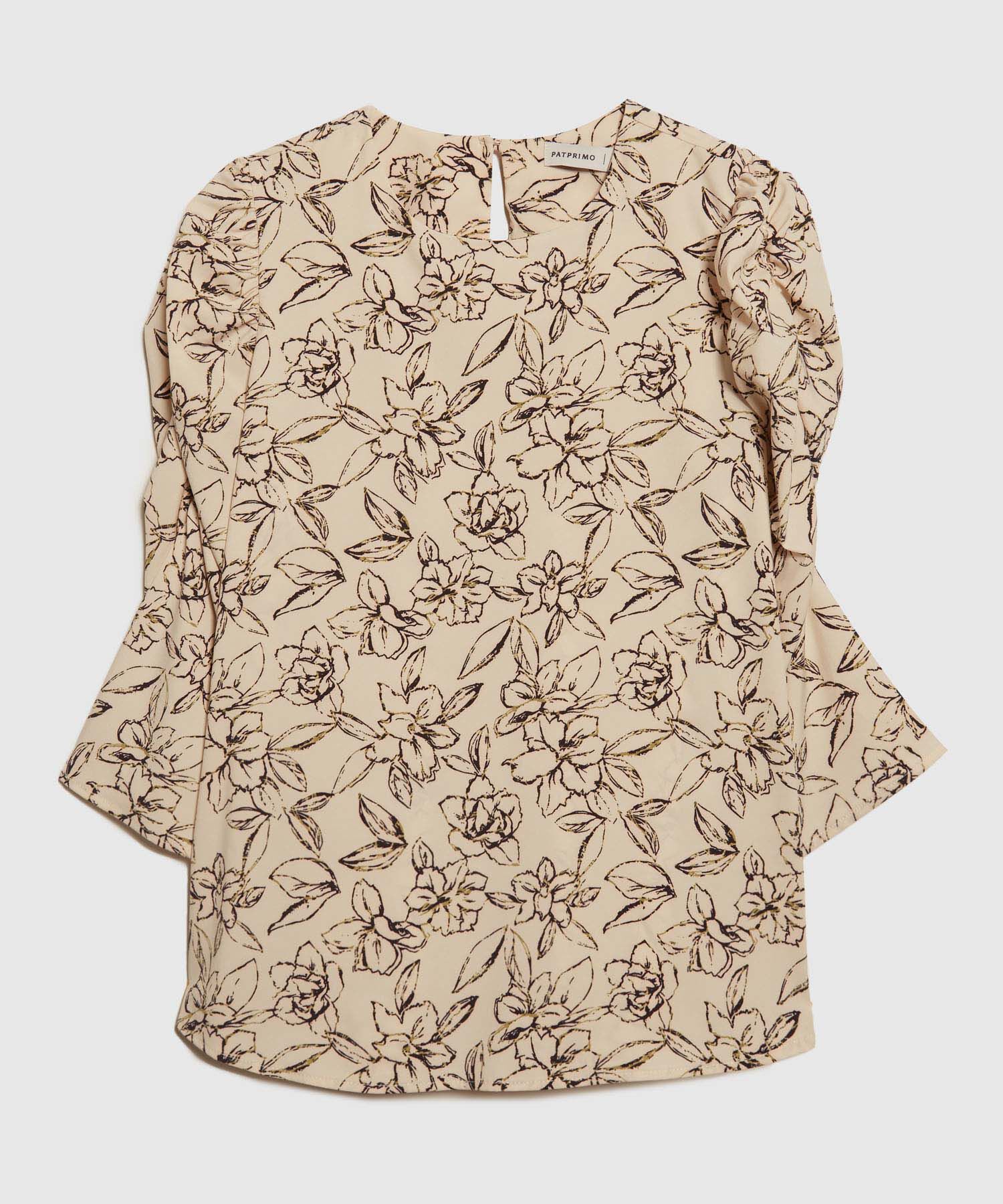 Blusa Estampada Escote Redondo, Manga 3/4 Con Recogido