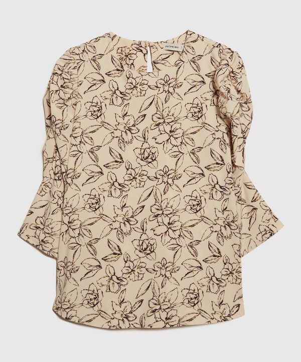 Blusa Estampada Escote Redondo, Manga 3/4 Con Recogido