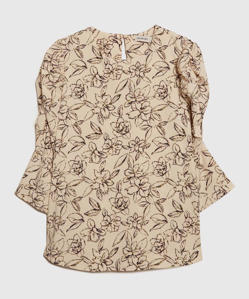 Blusa Estampada Escote Redondo, Manga 3/4 Con Recogido