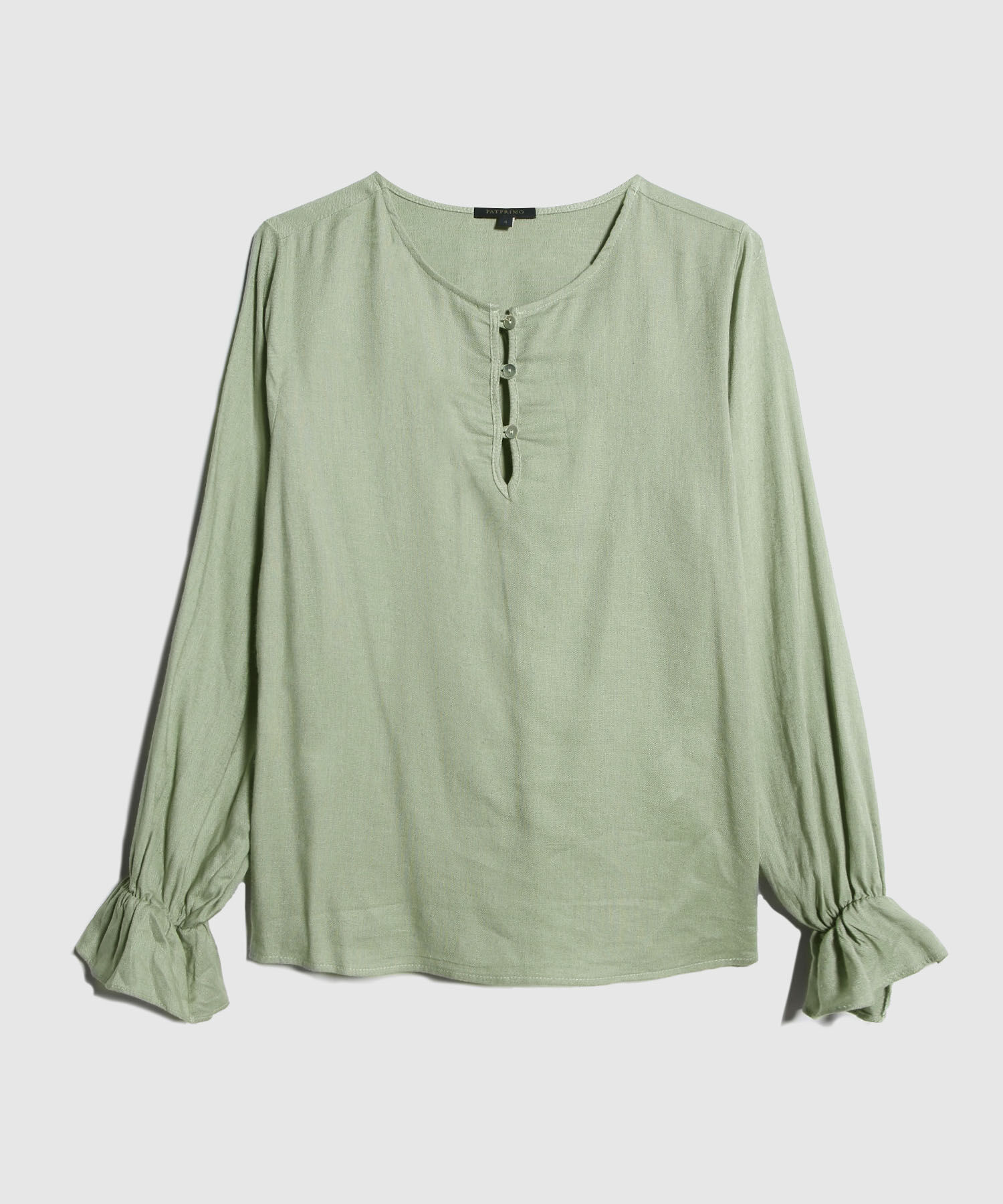 Blusa Unicolor, Escote Redondo, Perilla Corta Con Botonadura, Manga Larga Con Recogido En Puño Y Espalda