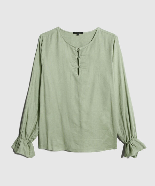 Blusa Unicolor, Escote Redondo, Perilla Corta Con Botonadura, Manga Larga Con Recogido En Puño Y Espalda