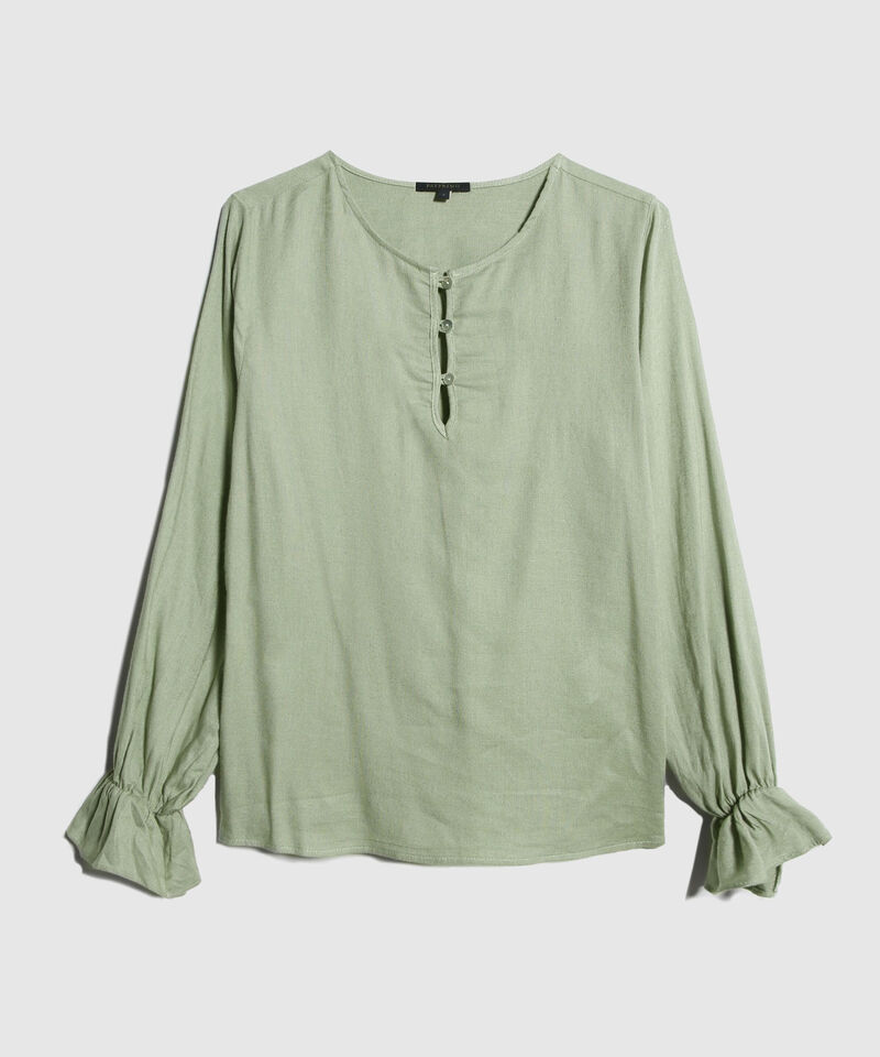 Blusa Unicolor, Escote Redondo, Perilla Corta Con Botonadura, Manga Larga Con Recogido En Puño Y Espalda