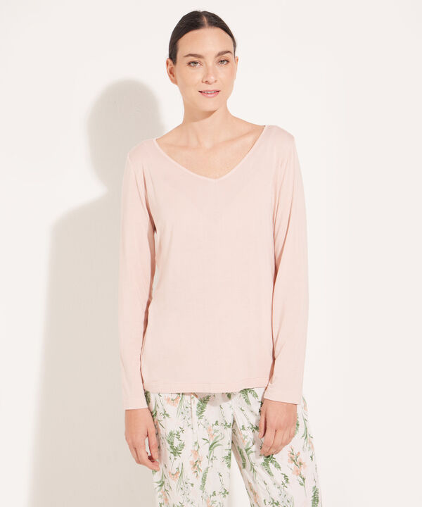 Pijama Camiseta Manga Larga Cuello V Unicolor Y Pantalón Plano Estampado