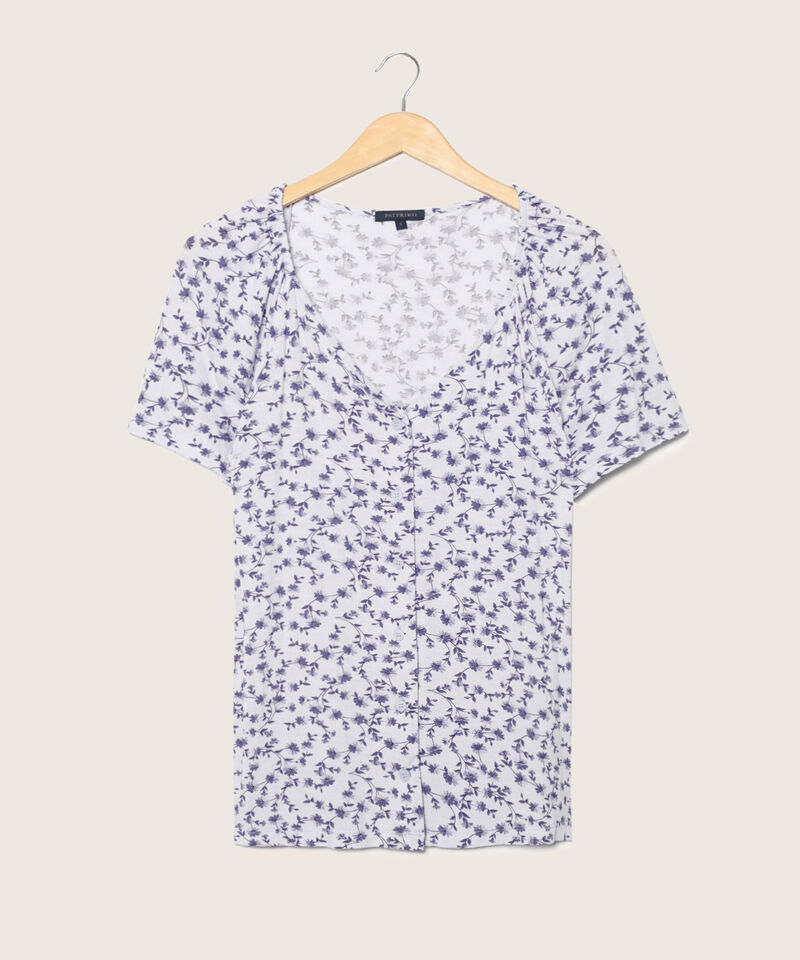 Camiseta Estampada Cuello V, Manga Corta Con Recogido Y Botonadura En Centro Frente