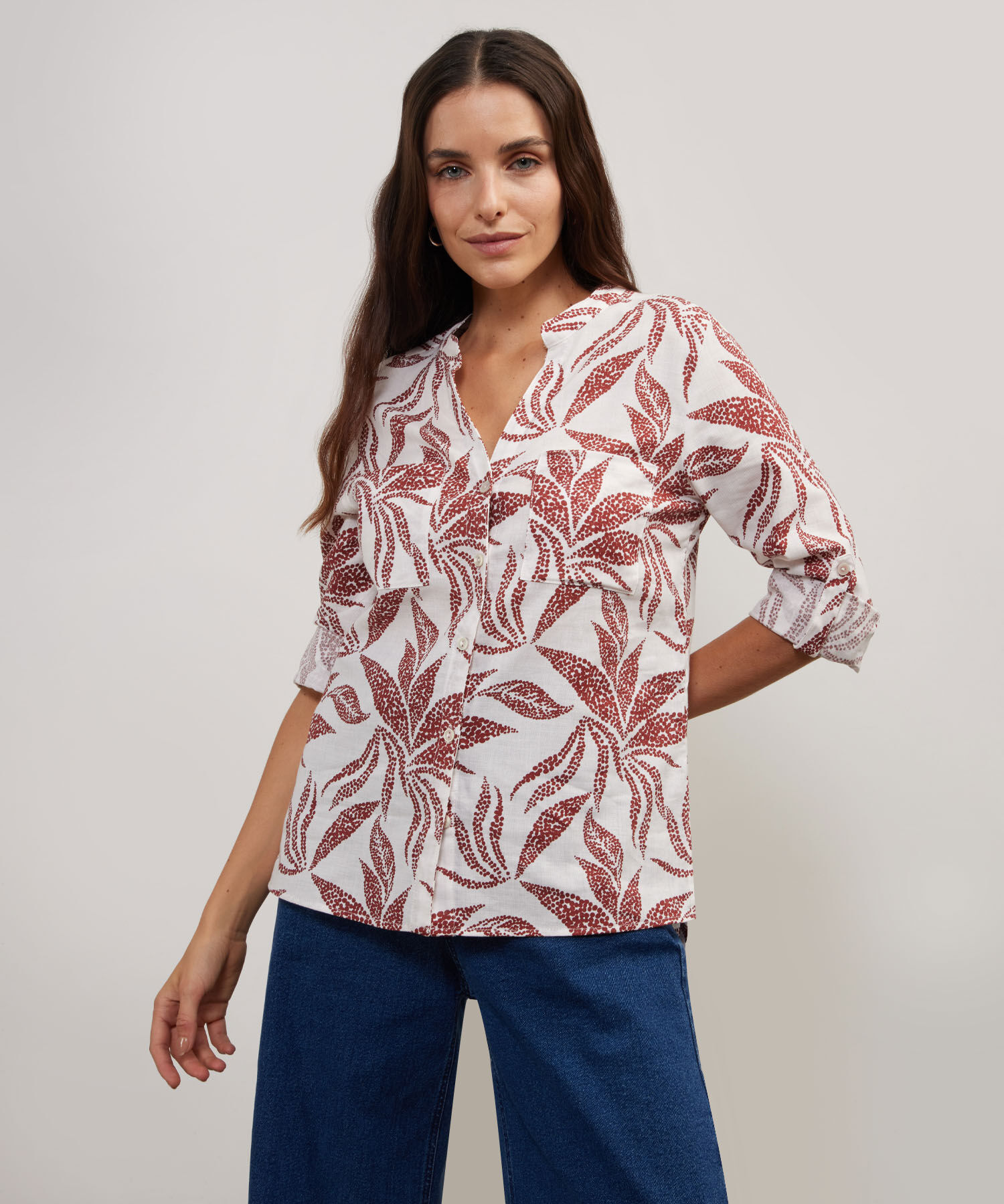 Blusa Manga Larga Estampada En Lino