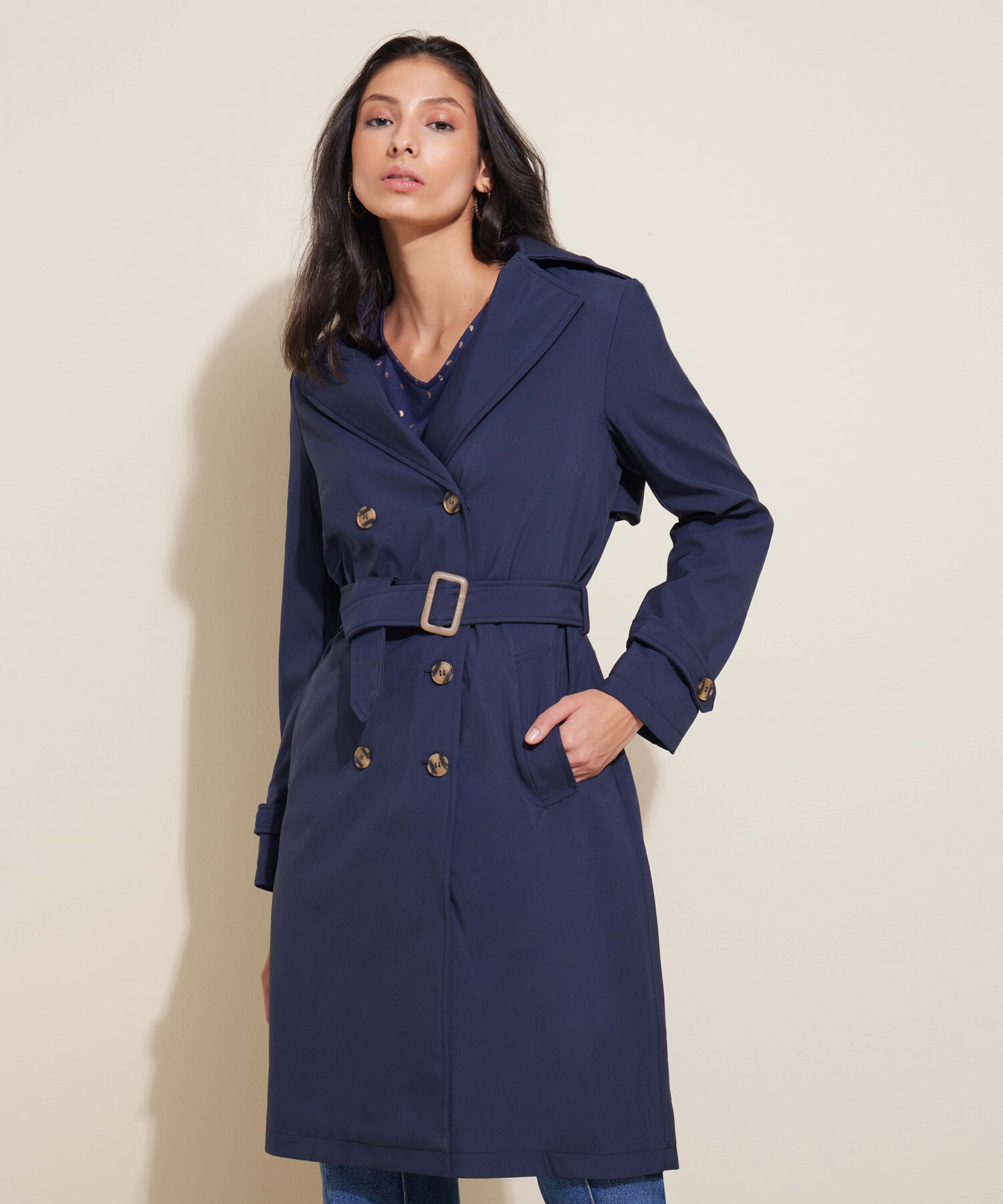 Chaqueta Trench Con Cinturon De Ajuste Manga Larga