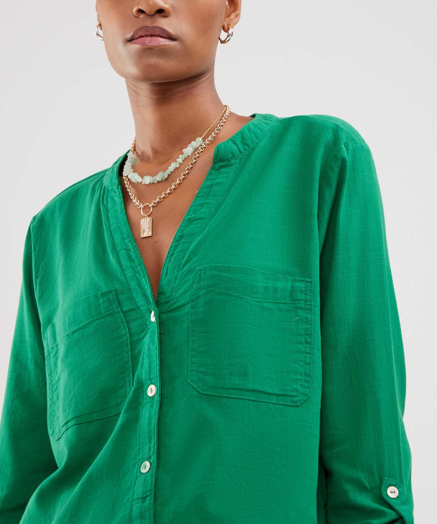 Blusa Manga Larga Unicolor En Lino