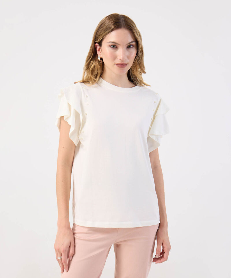 Camiseta Para Mujer Mangas de Volantes con Perlas