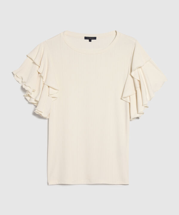 Camiseta Unicolor Textura Manga Corta Con Boleros, Trópico Floral