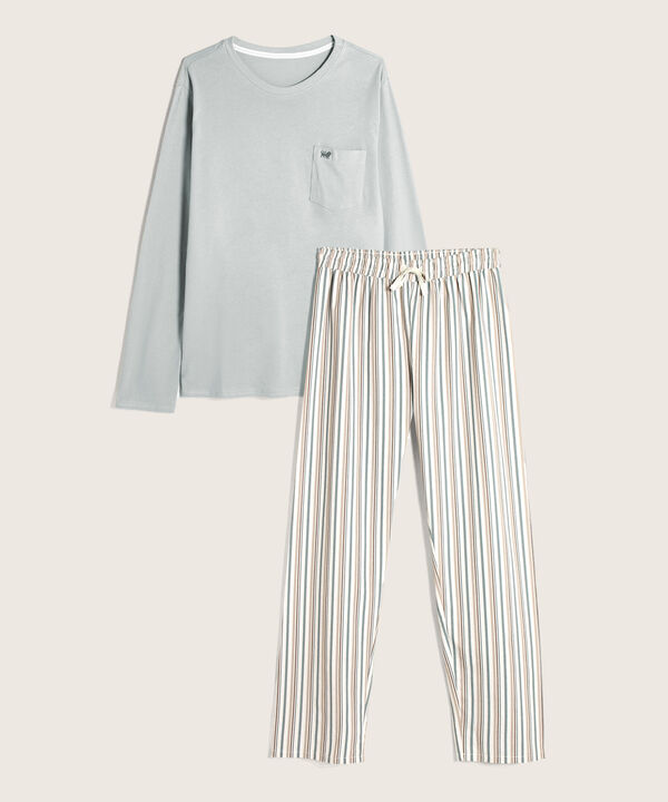 Pijama Set, Camiseta Crew Neck Manga Larga Unicolor Con Bolsillo Y Pantalón Estampado A Rayas