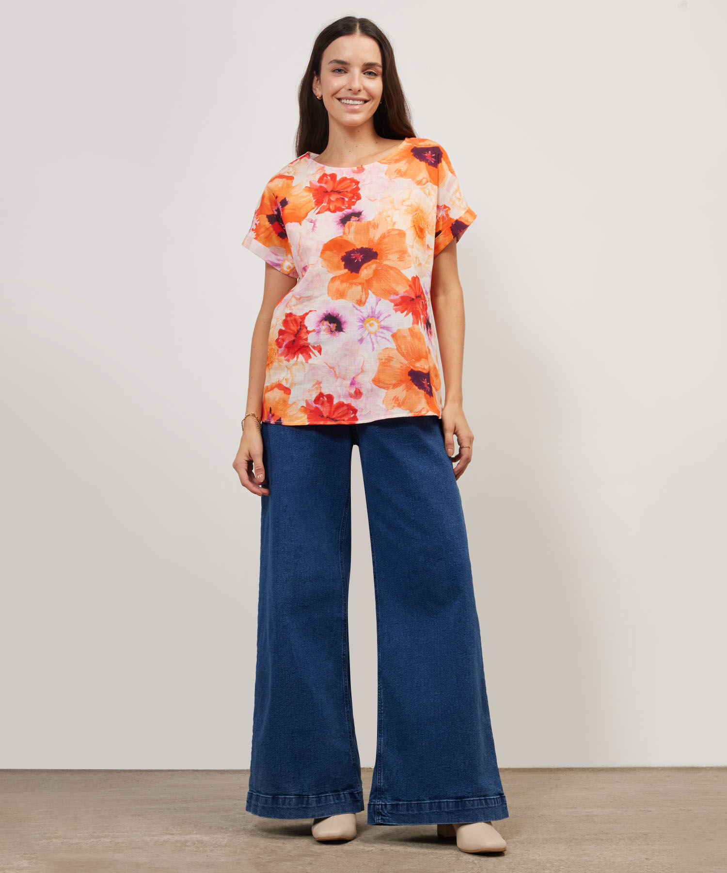 Blusa Manga Corta Con Guardapolvo  En Lino Estampada