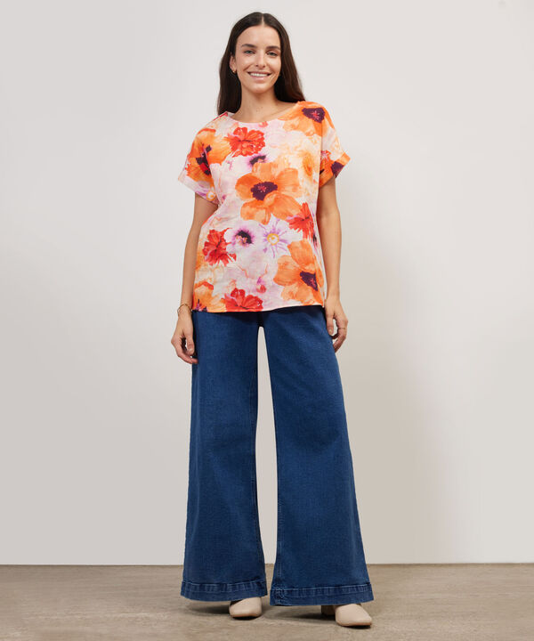 Blusa Manga Corta Con Guardapolvo  En Lino Estampada