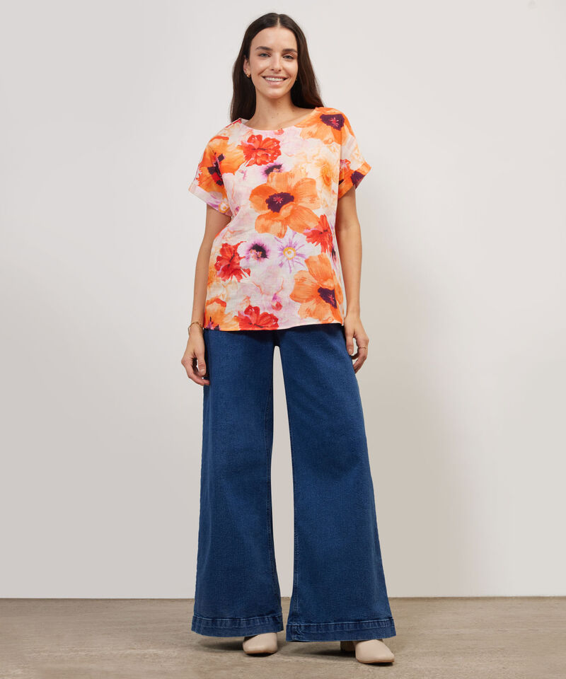 Blusa Manga Corta Con Guardapolvo  En Lino Estampada
