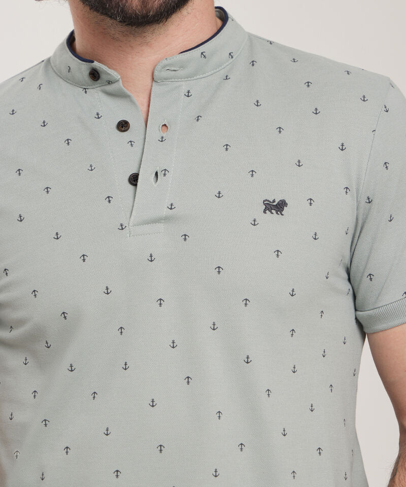 Polo Estampada Cuello Mao Con Puños Tejidos, Silueta Slim Fit, Cítrico Marinero