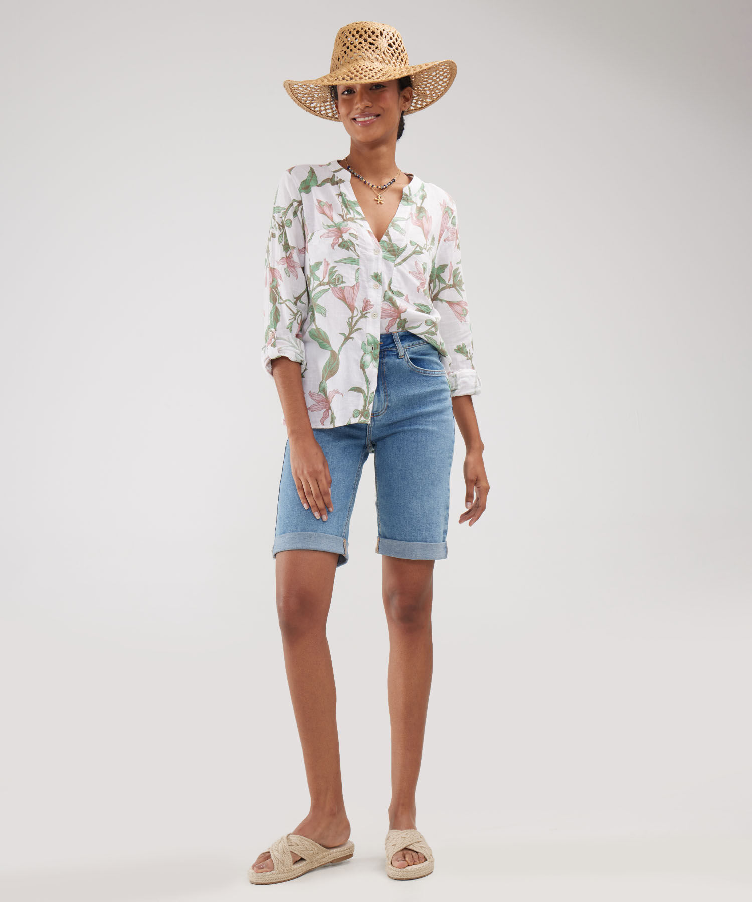 Blusa Manga Larga Estampada En Lino