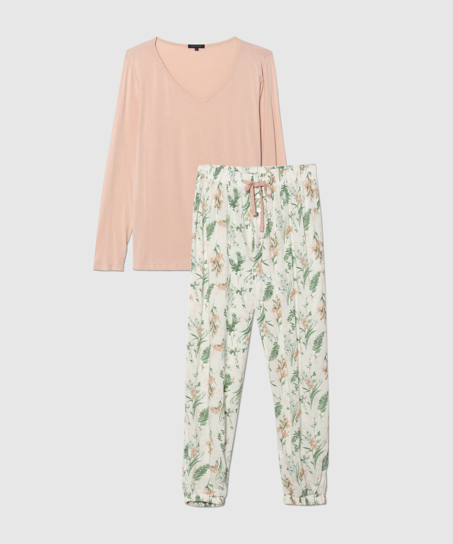 Pijama Set Camiseta Manga Larga Cuello V Unicolor Y Pantalón Plano Estampado