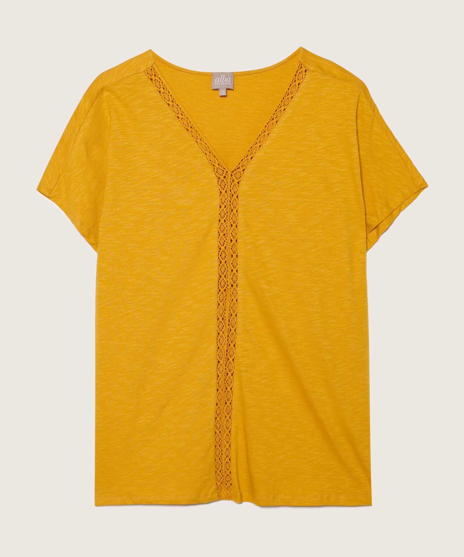 Camiseta Manga Corta Unicolor Con Encaje En Cuello Y Frente