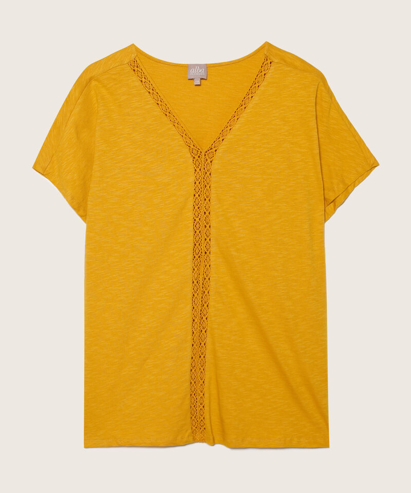 Camiseta Manga Corta Unicolor Con Encaje En Cuello Y Frente