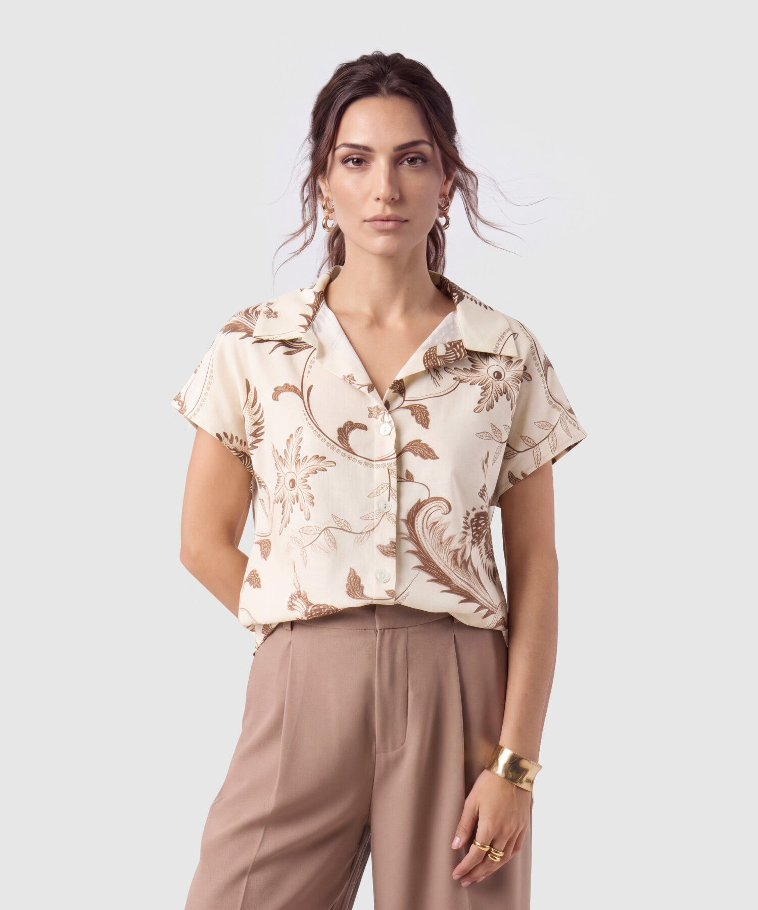 Camisa Manga Corta Cuello Solapa Para Mujer