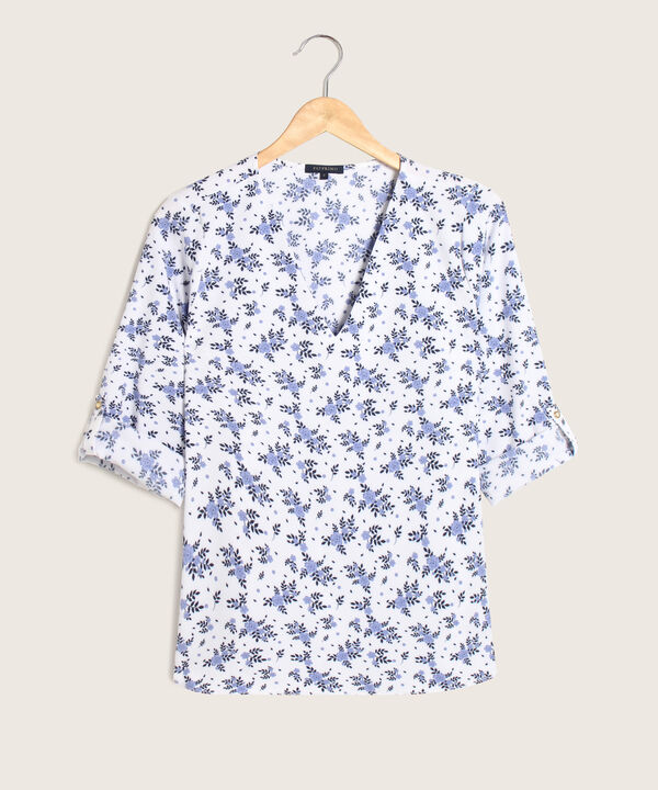 Blusa Estampada, Manga 3/4 Con Charretera, Cuello En V Y Silueta Fluida