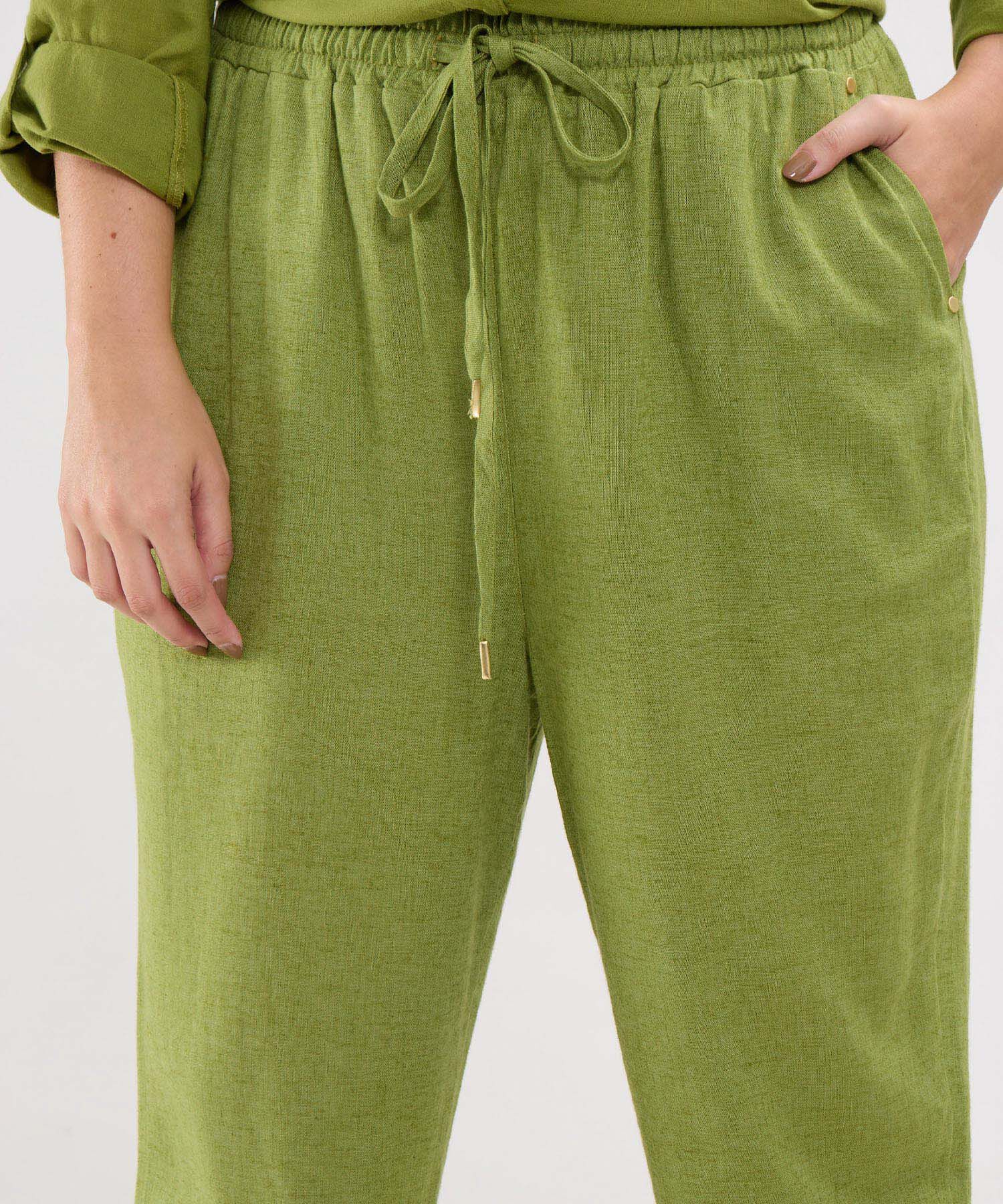 Pantalon Unicolor En Lino Con Vena