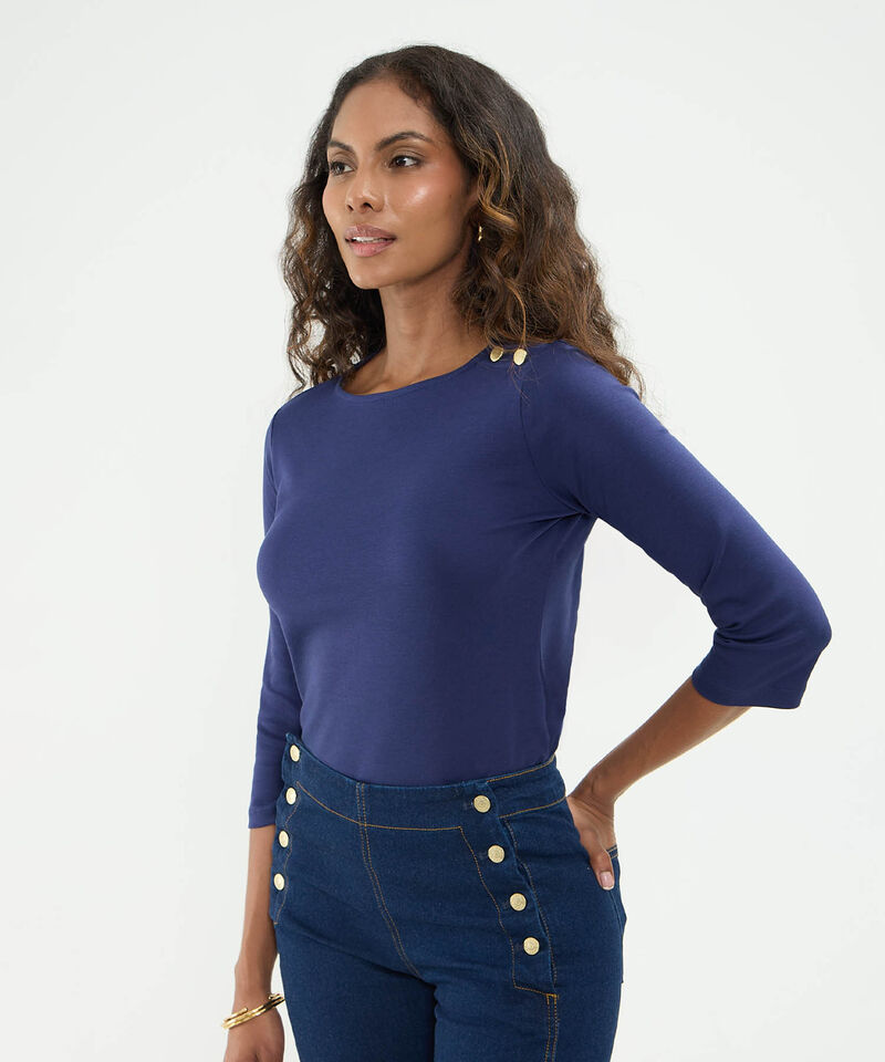 Camiseta Manga 3/4 Con Botones En Hombro Para Mujer