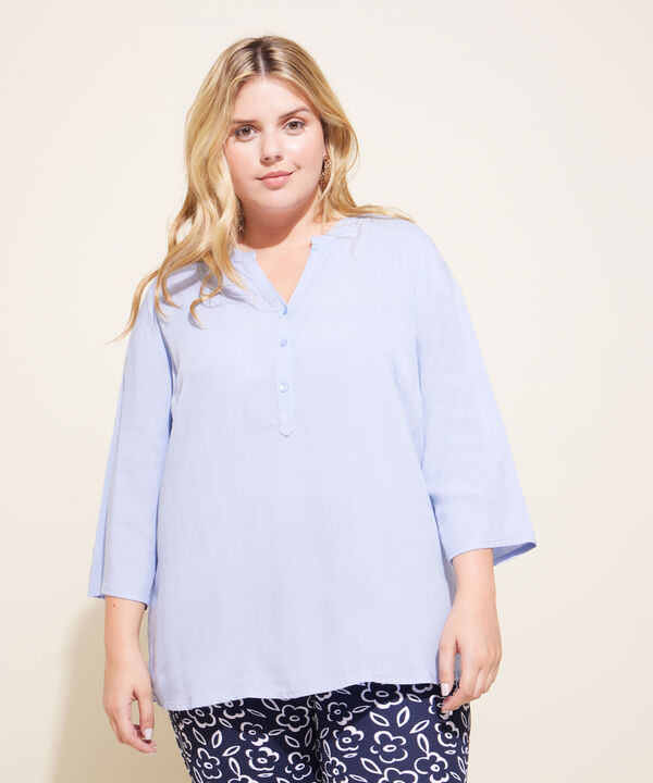 Blusa Unicolor Manga 3/4, Cuello En V Con Pechera Corta Y Cuello Neru image number null