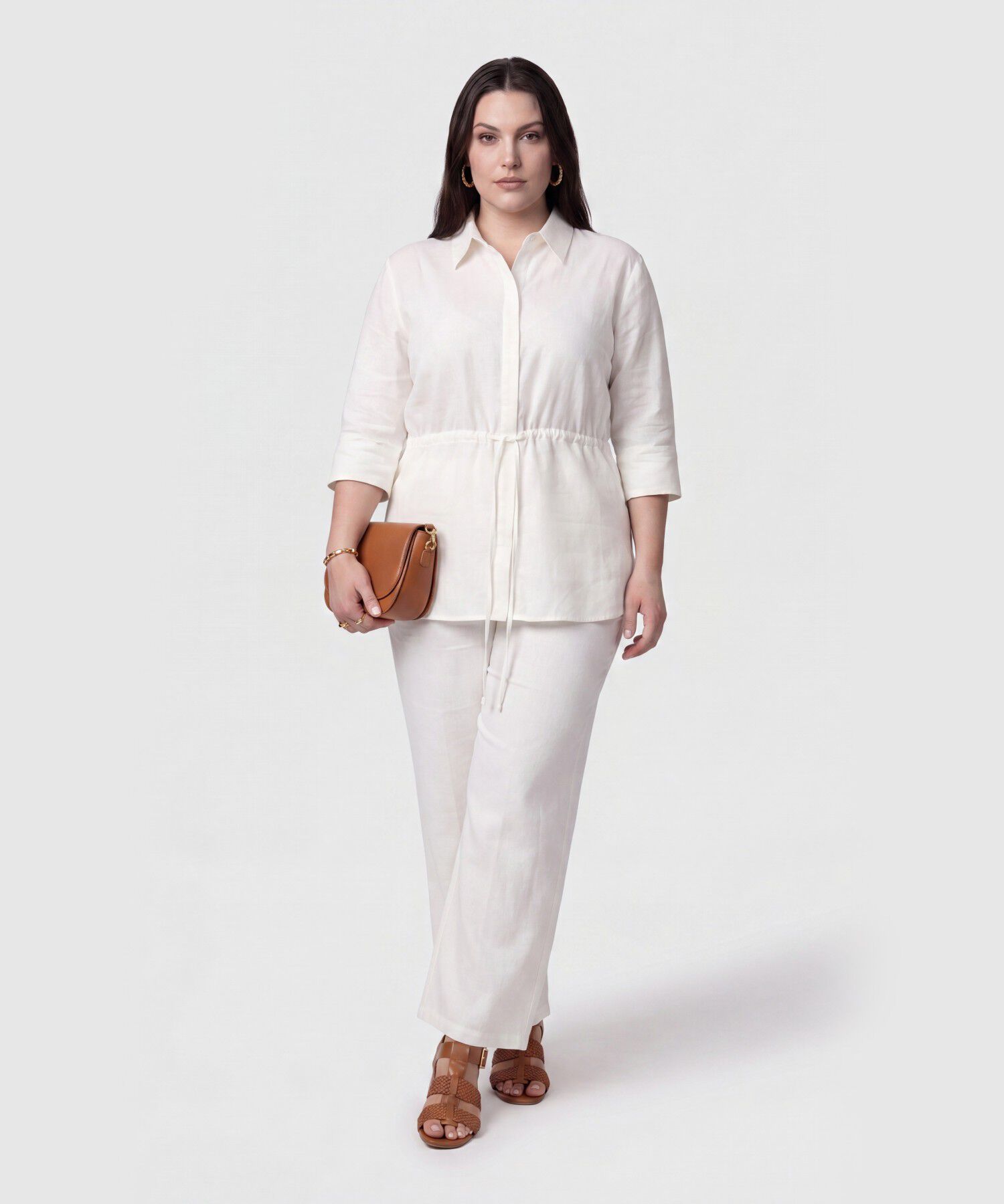 Camisa Unicolor Con Ajuste Cintura Para Mujer Curvy