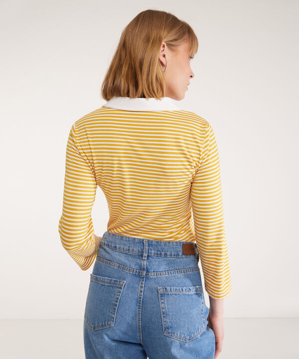 Polo Preteñida A Rayas, Manga 3/4 Con Cuello Duro Y Pechera Unicolor