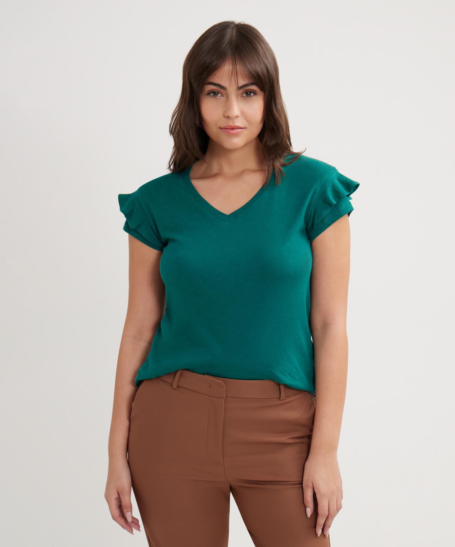 Camiseta Unicolor, Cuello En V Manga Corta