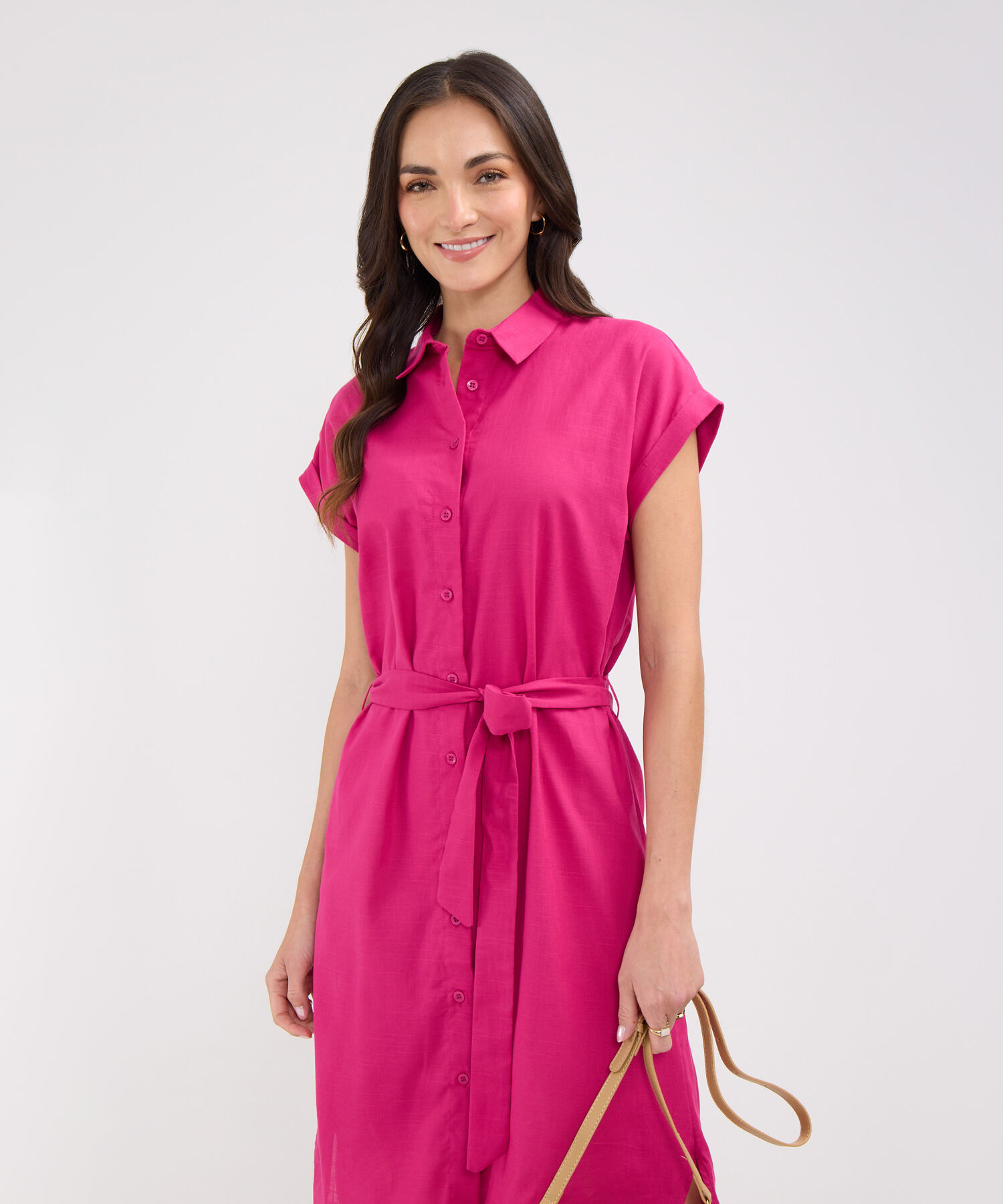 Vestido Camisero En Lino Unicolor Con Cinturon