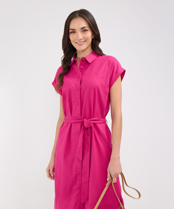 Vestido Camisero En Lino Unicolor Con Cinturon image number null