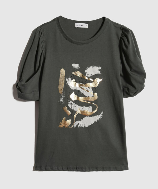 Camiseta Escote Redondo Con Detalle En Manga Y Estampado Screen En Frente