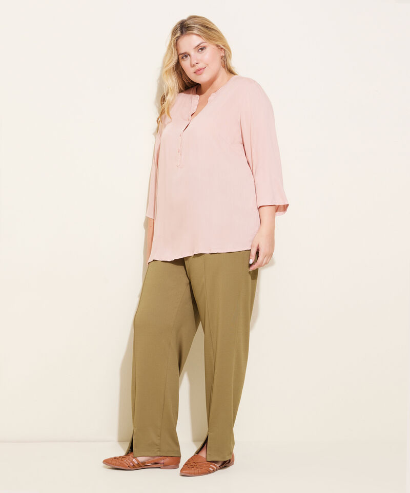 Blusa Unicolor Manga 3/4, Cuello En V Con Pechera Corta Y Cuello Neru