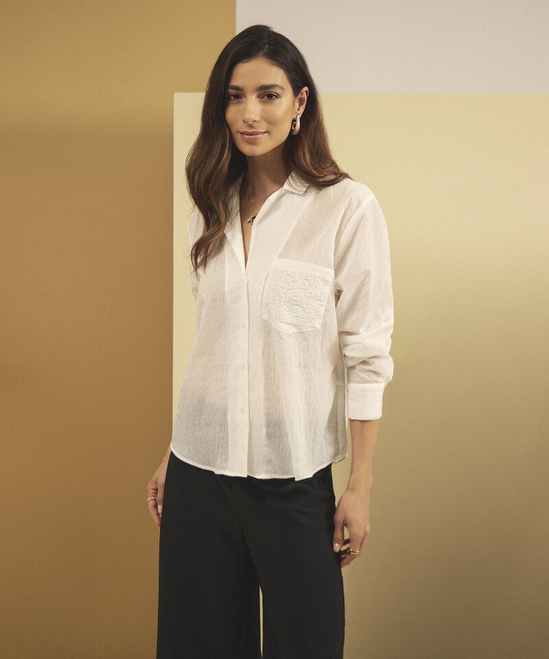 Camisa Mujer Manga Larga con Solapa y Bolsillo