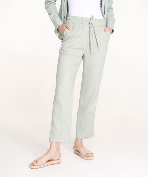 Pantalon Moda Unicolor, Pretina Resortada En Lino, Lineas