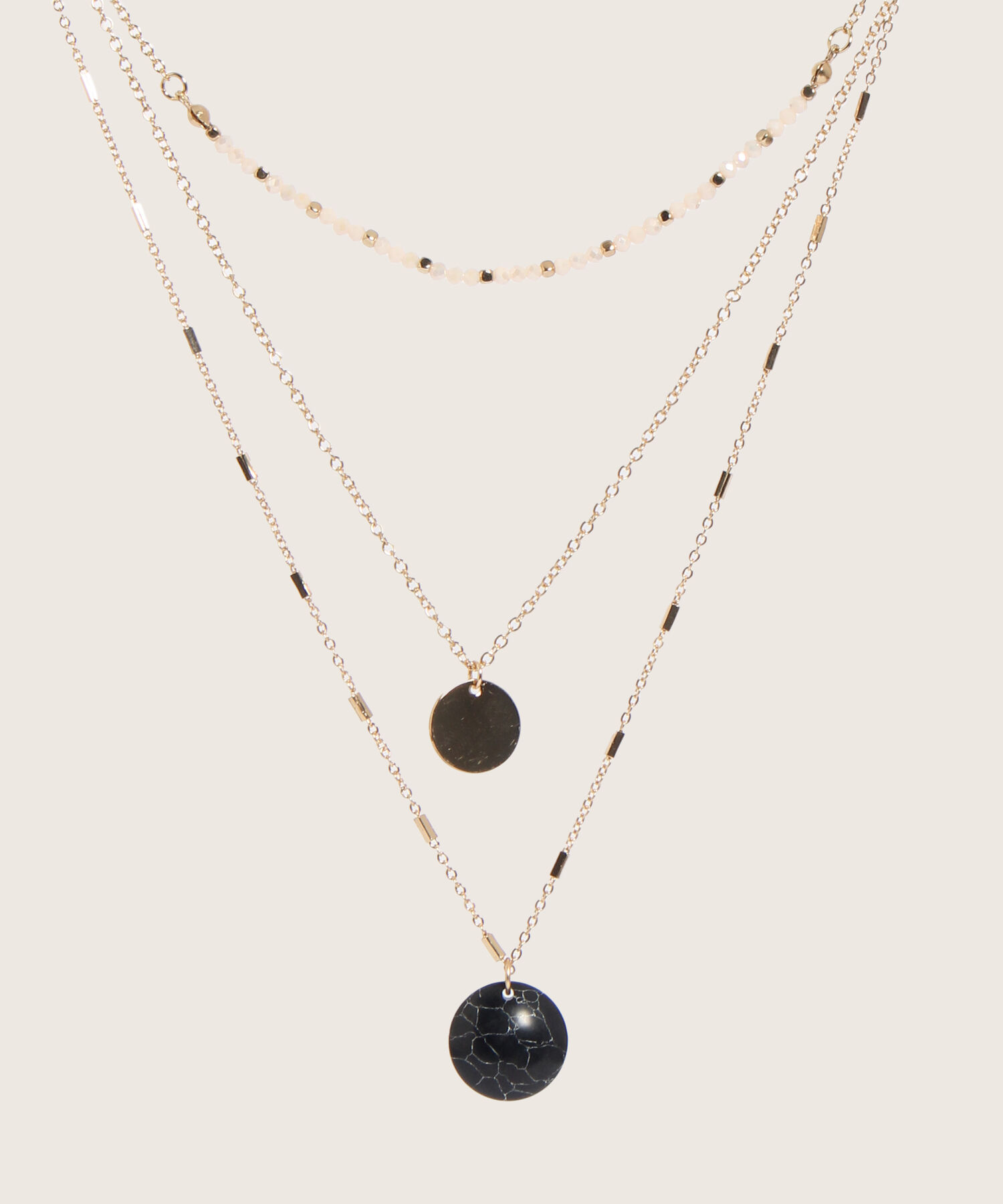 Collar Tres Capas Cadenas Y Dijes Redondos Mujer