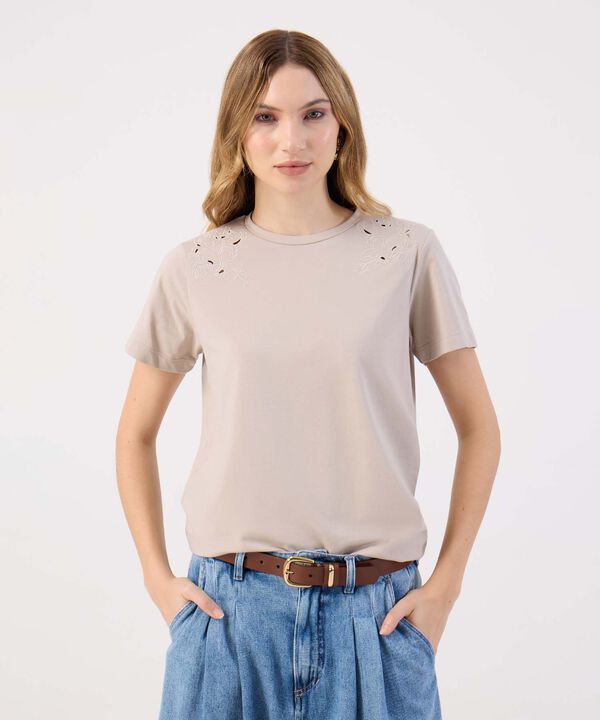 Camiseta Para Mujer Manga Corta Textura Floral En Hombros image number null