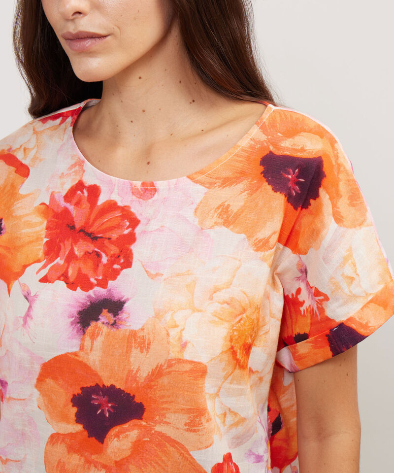 Blusa Manga Corta Con Guardapolvo  En Lino Estampada