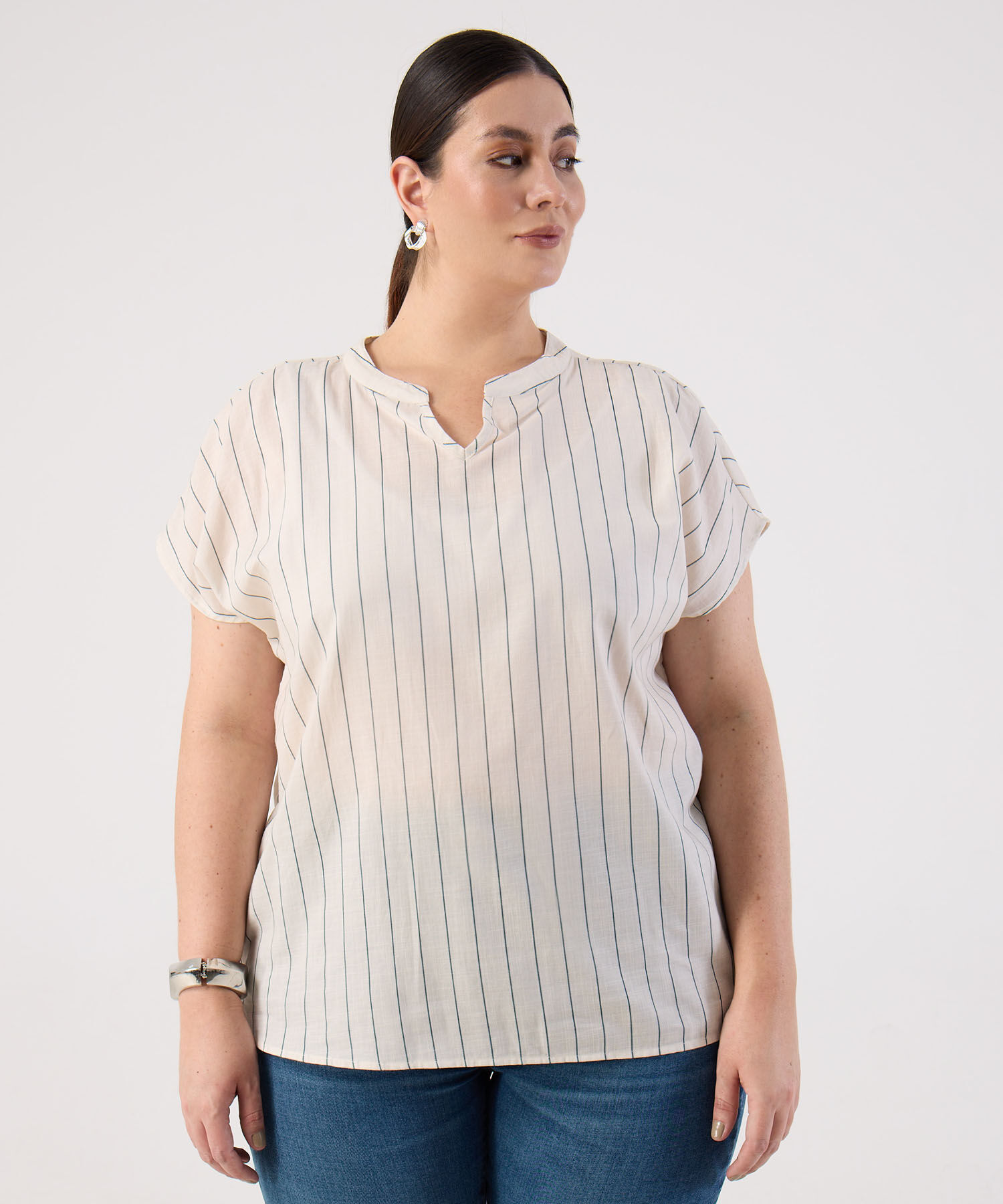 Blusa A Rayas Cuello Mao