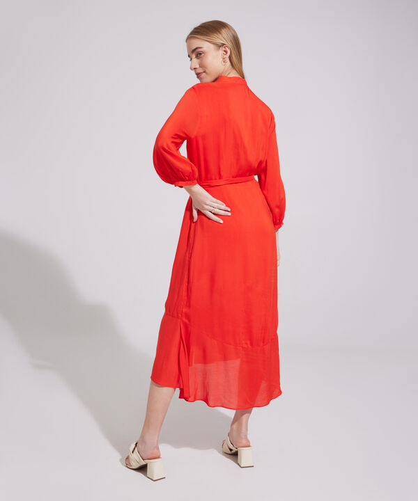 Vestido Manga 3/4 Unicolor Con Cinturón En Tela
