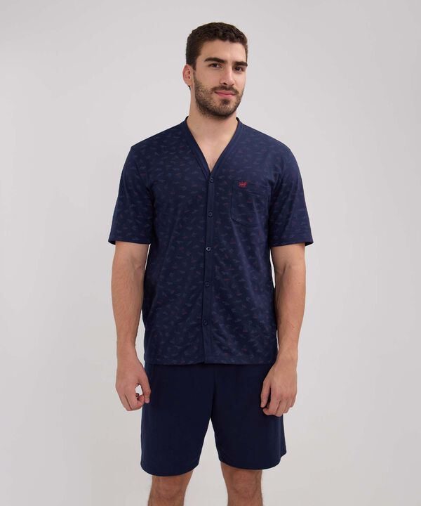 Pijama Manga Corta Camisa Estampada Con Pechera Y Pantalontea Unicolor image number null