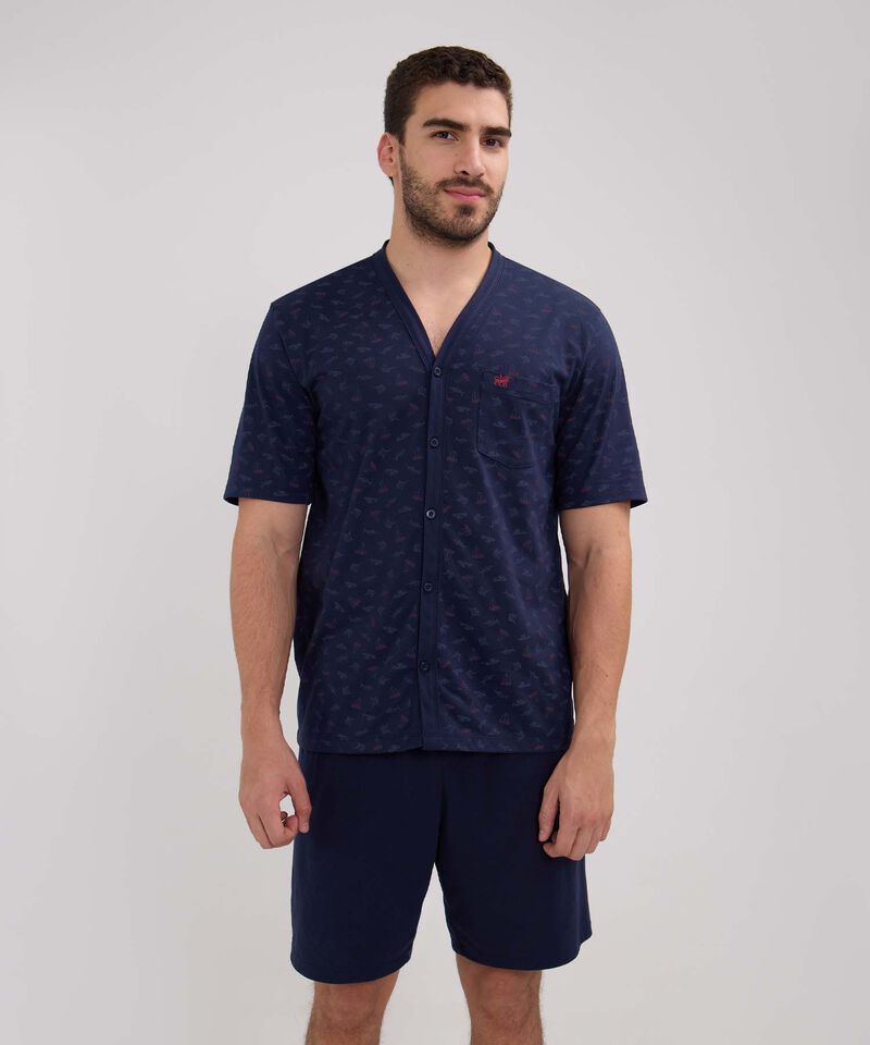 Pijama Manga Corta Camisa Estampada Con Pechera Y Pantalontea Unicolor