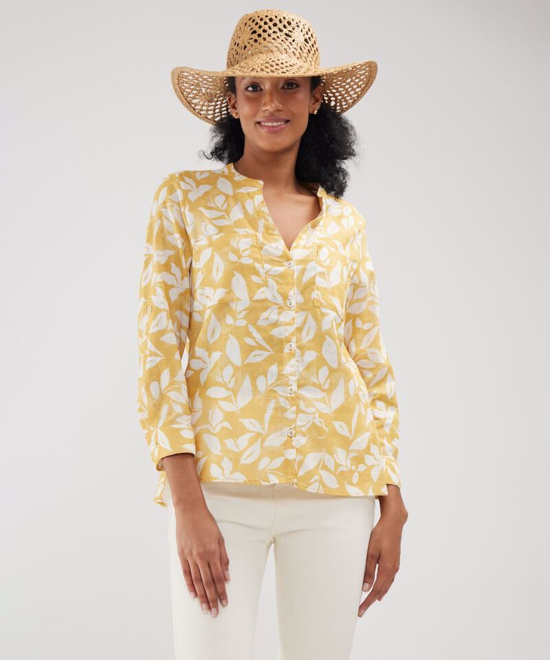 Blusa Manga Larga Estampada En Lino