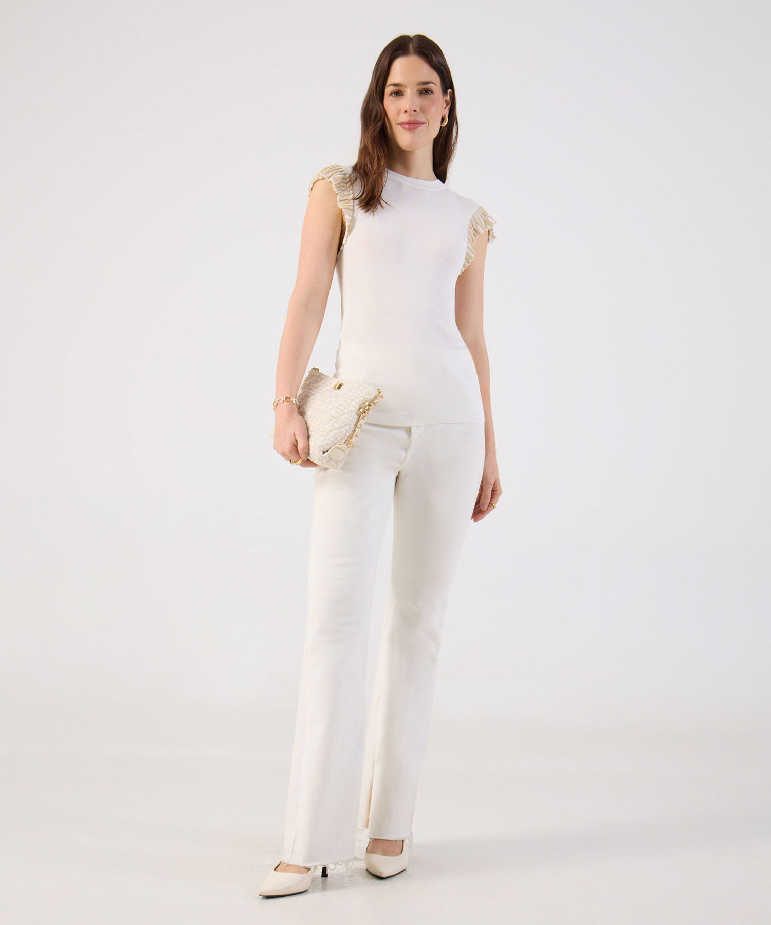 Camiseta Tejida Con Volantes En Hombros Para Mujer