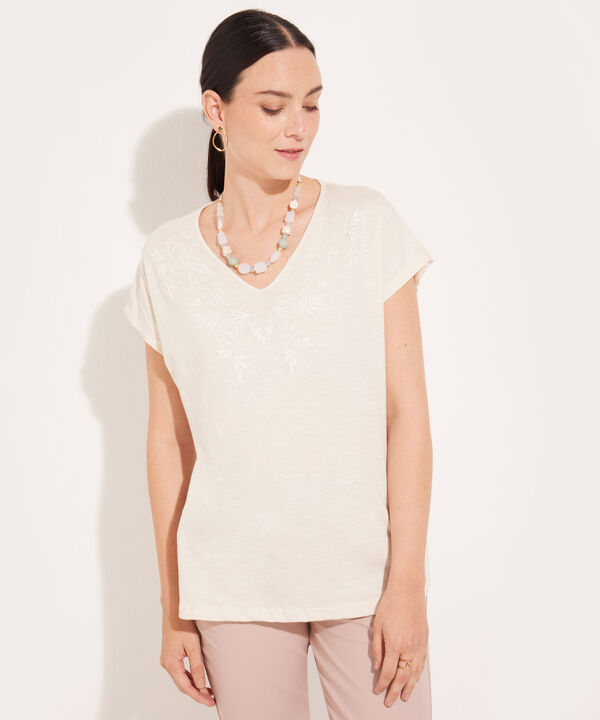 Camiseta Manga Corta Cuello V, Unicolor Con Bordado Y Screen, Silueta A Fluida
