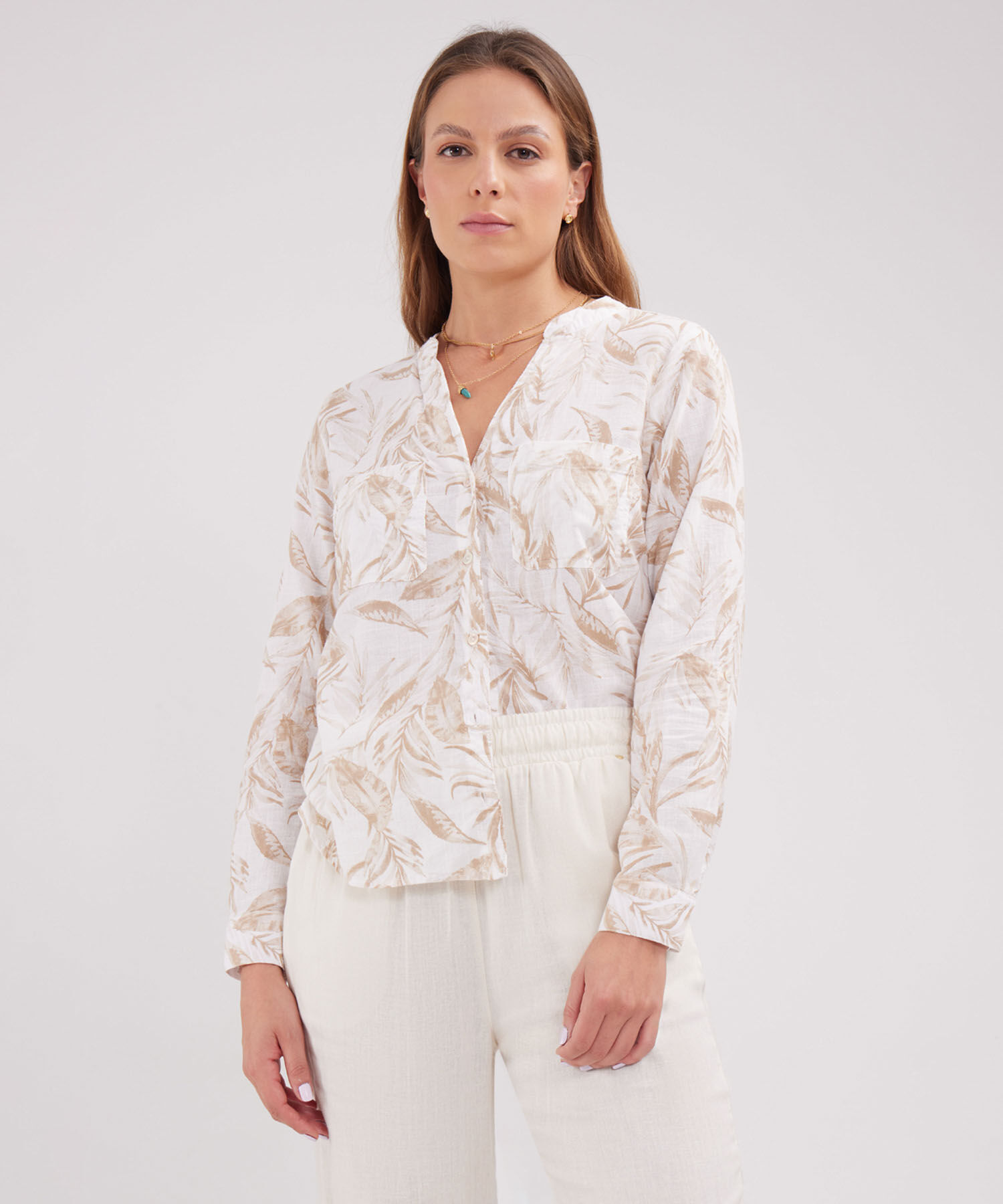 Blusa Manga Larga Estampada En Lino