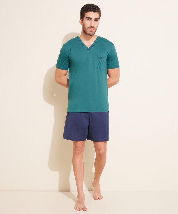 Pijama Set De Pijama C/C Con Vivo En Cuello V  Camiseta Y Bermuda Unicolor image number null