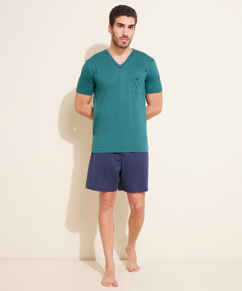 Pijama Set De Pijama C/C Con Vivo En Cuello V  Camiseta Y Bermuda Unicolor